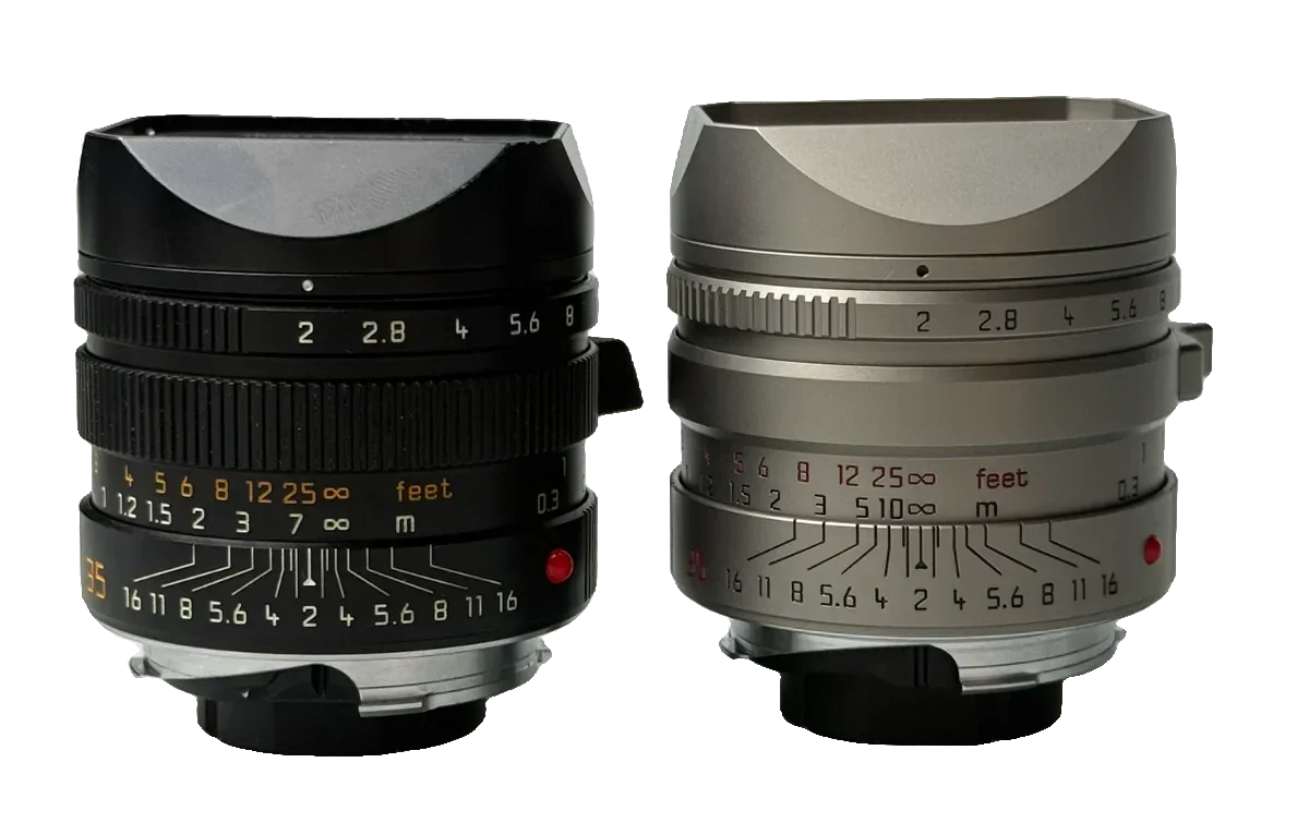 Smooth barrel and close-focus knurling versions of the Light Lens Lab 35mm f/2 ‘Apochromatic’. Both versions use the same optical design, the difference is the external focusing-barrel treatment.