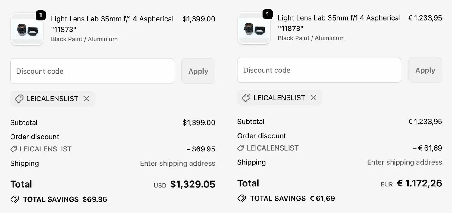 Prices after applying the discount coupon link (1172 EUR, 1329 USD)